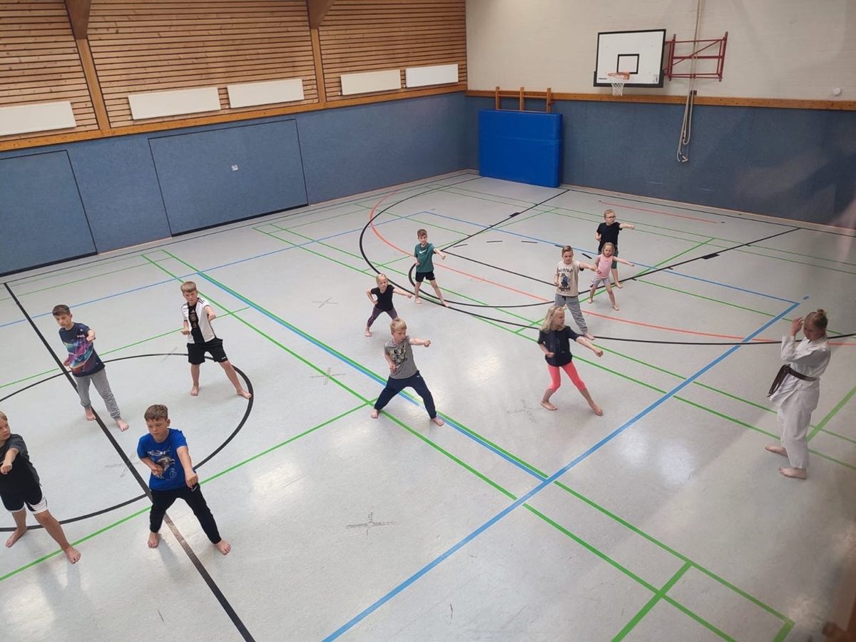 Kinder beim Karate-Training des TuS Mulmshorn in der Sporthalle